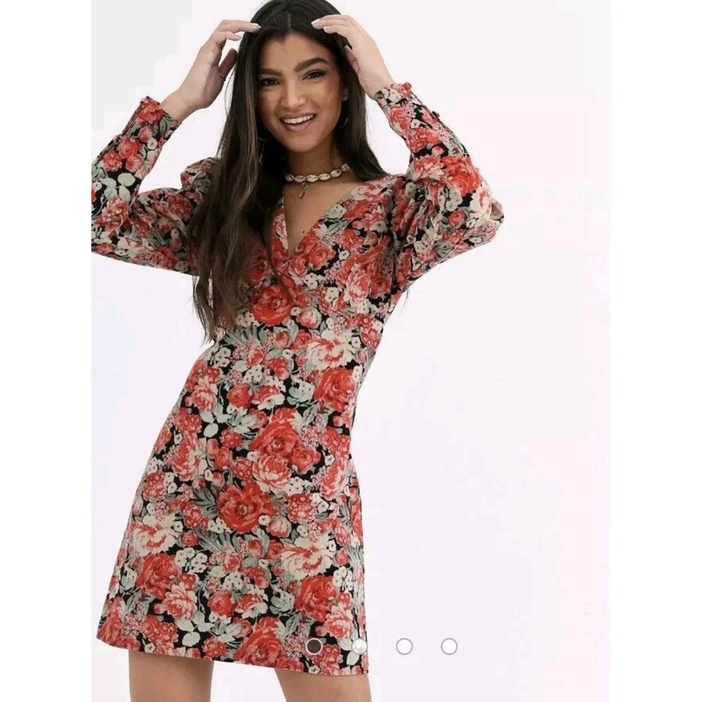Free People Kapowski Floral Mini Dress Sz 8 Black Red Boho Romantic Cottagecore - Picture 2 of 16